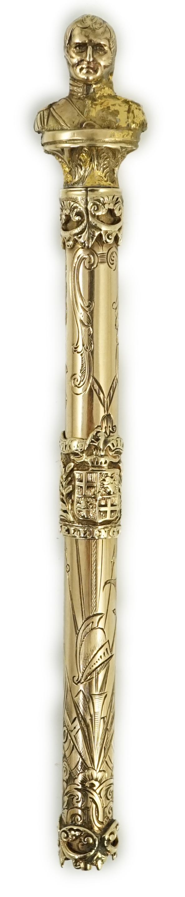 A Victorian chased 15ct gold telescopic pencil made by Sampson Mordan in 1852 in commemoration of the death of the Duke of Wellington